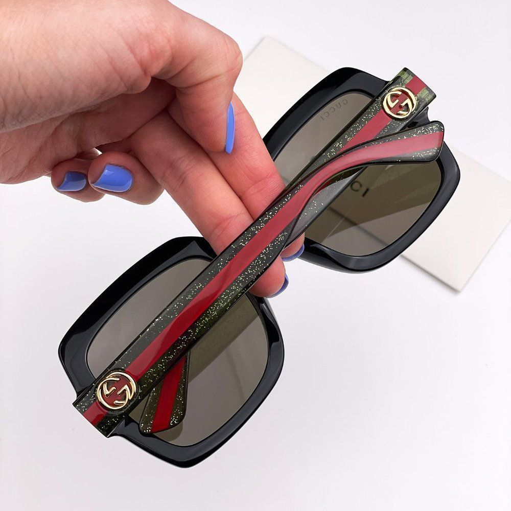 GUCCI WEB GG0036SN 002 Sunglasses Black Green Red Square Women - Picture 2 of 10